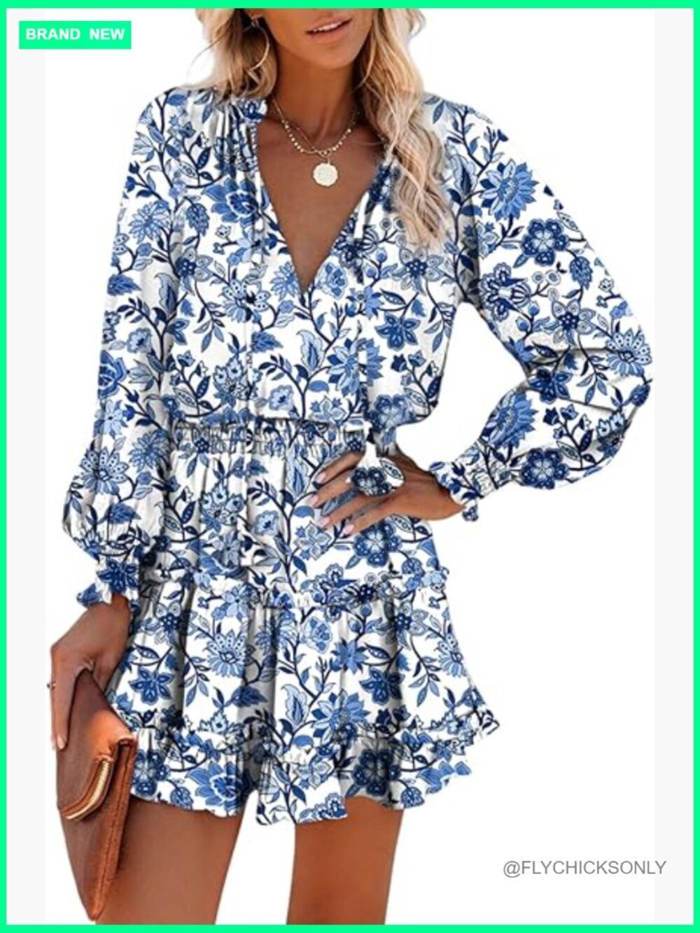Floral V-Neck Long Sleeve Smocked Waist Chiffon Mini Dress